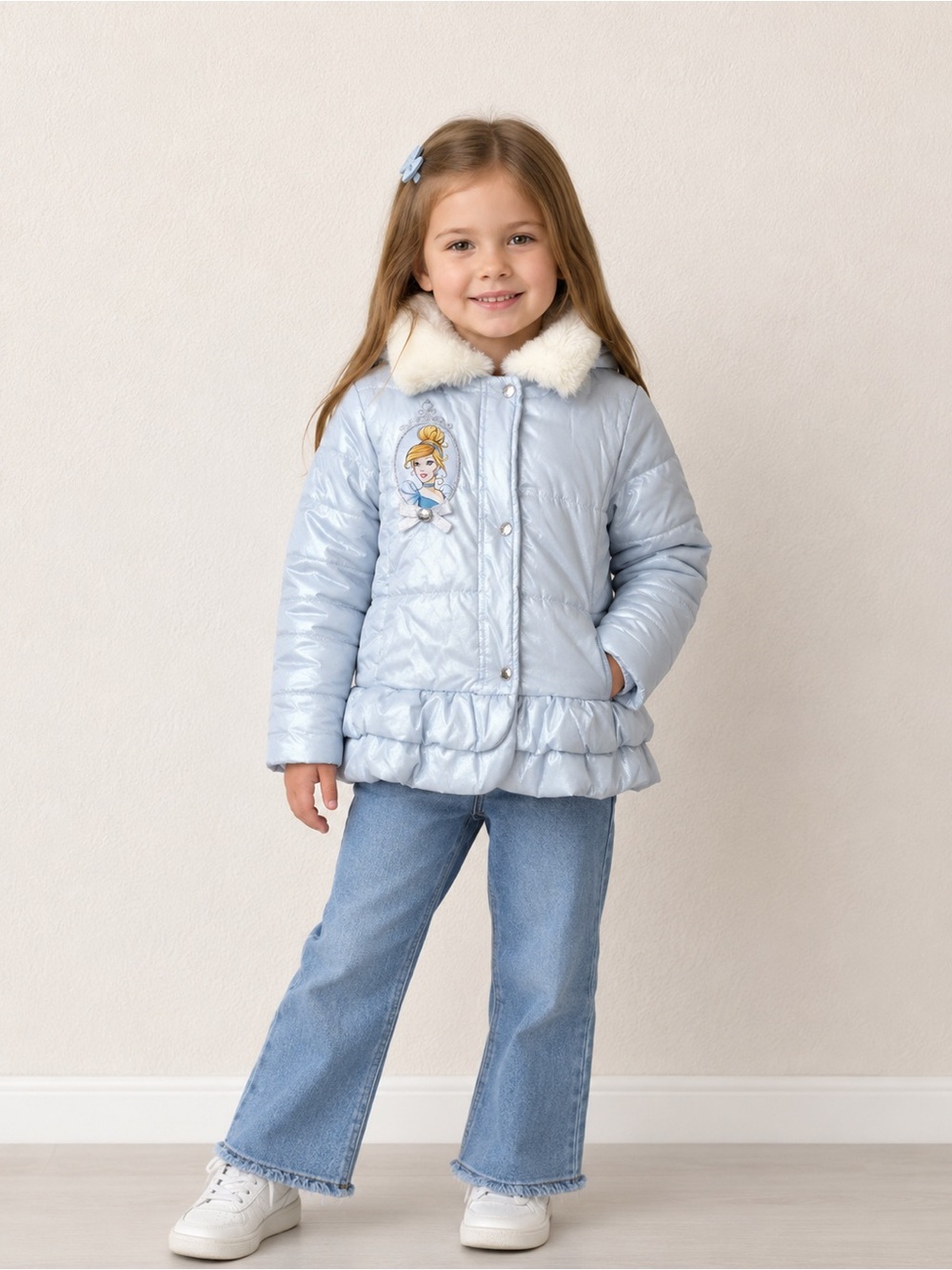 Disney Light Blue Puffy Jacket with Faux Fur Collar